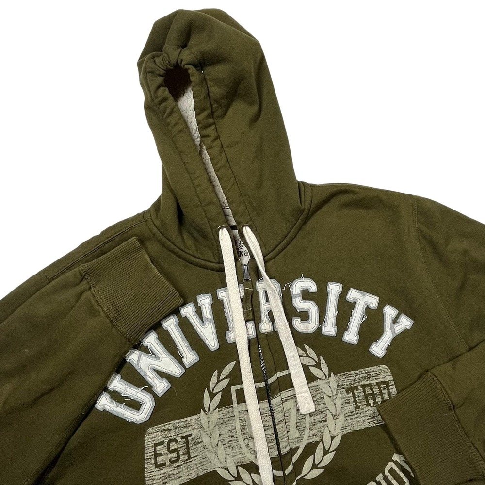 Roebuck &‎ Co Full Zip Hoodie Mens XL Olive Green Sherpa Lined Athletic Graphic